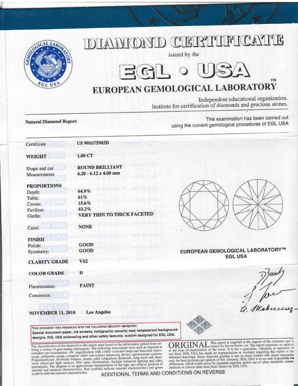 1.00ct D-VS2 Round Loose Diamond EGL USA Certification