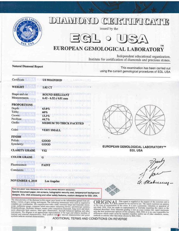 1.02ct G-VS2 Round Cut Diamond EGL USA Certification