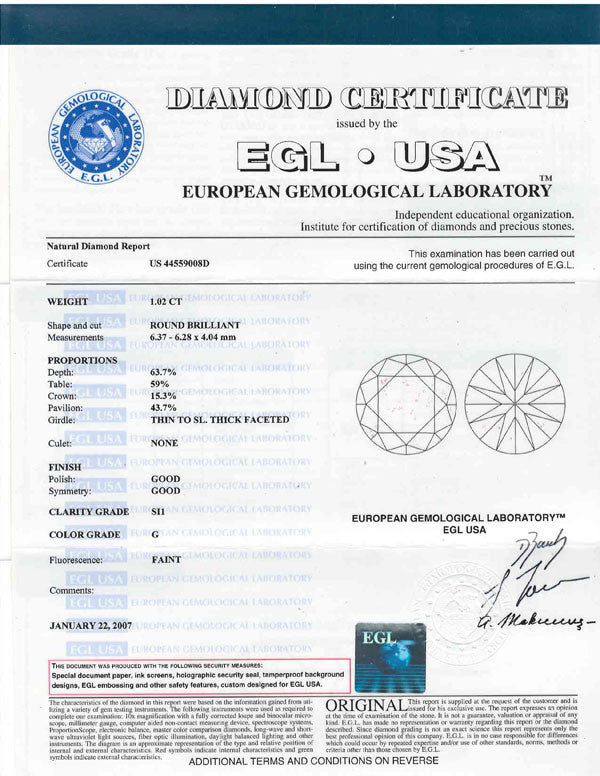 1.02ct G-SI1 Round Loose Diamond EGL USA Certification