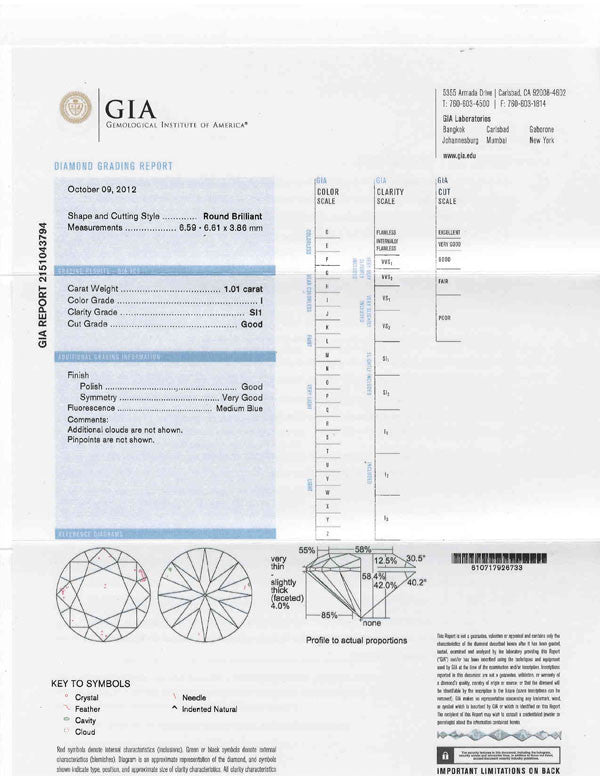 Round Cut Diamond GIA Certification 1.01ct I-SI1