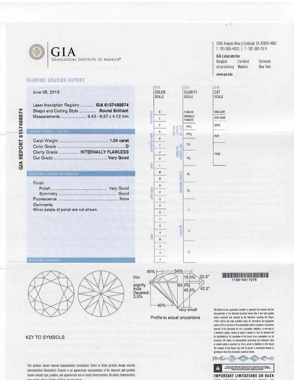 Round Loose Diamond GIA Certification Internally Flawless 1.04ct D-IF