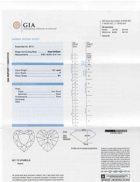 1.01ct Heart Shaped Diamond GIA Certification F SI1