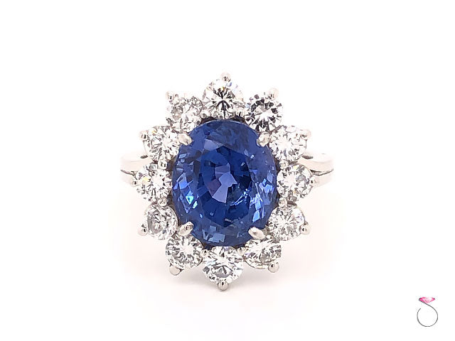 Natural 7.08ct Blue Ceylon Sapphire Diamond Halo Ring in Platinum