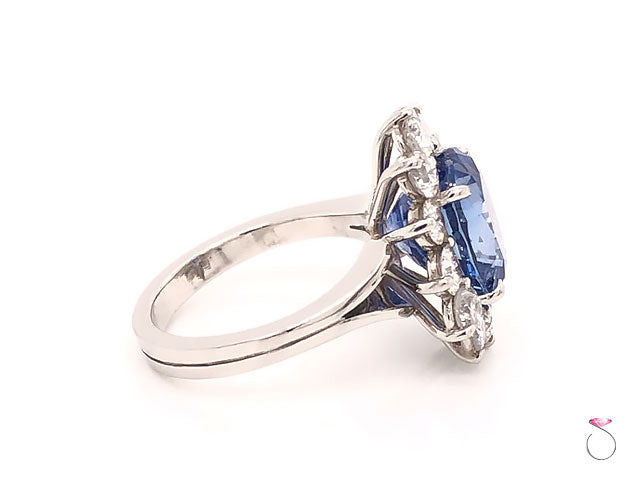 Natural 7.08ct Blue Ceylon Sapphire Diamond Halo Ring in Platinum