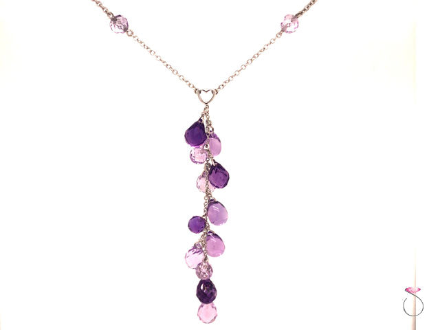 14K White Gold Briolette Cut Amethyst Cluster Chain Necklace With Heart Motif