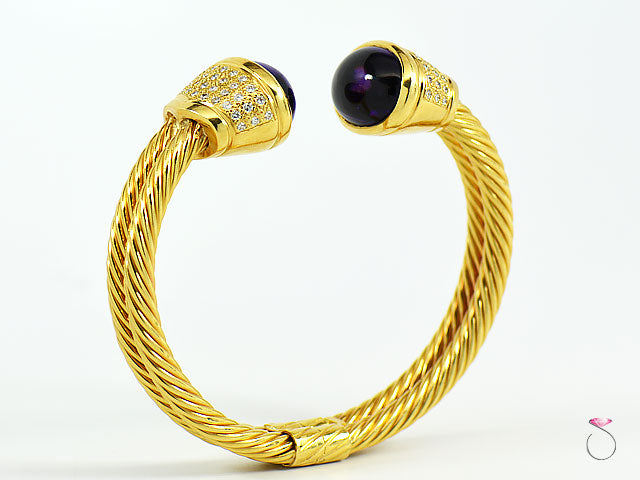 Designer Diamond Amethyst 18K Yellow Gold Bangle Cuff Bracelet