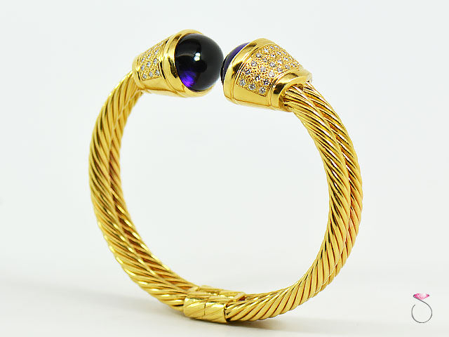 Designer Diamond Amethyst 18K Yellow Gold Bangle Cuff Bracelet