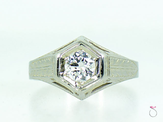 Vintage Art Deco Solitaire Diamond Engagement Ring, 18K White Gold