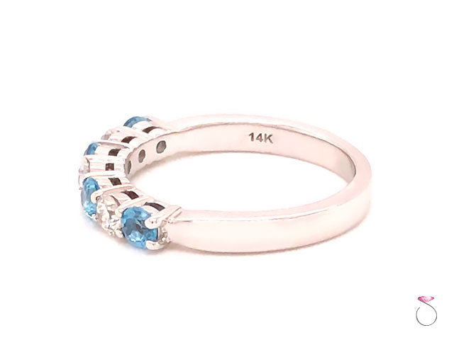 Aquamarine and Diamond Anniversary Band, Designer Ring in 14k White Gold