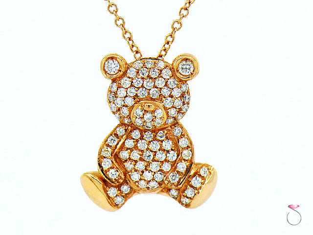Diamond Teddy Bear Pendant 18K Rose Gold on 16 Inch Chain By Assor Gioielli