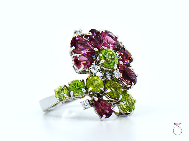 Designer Tourmaline, Peridot & Diamond Floral Cluster Ring By Assor Gioielli
