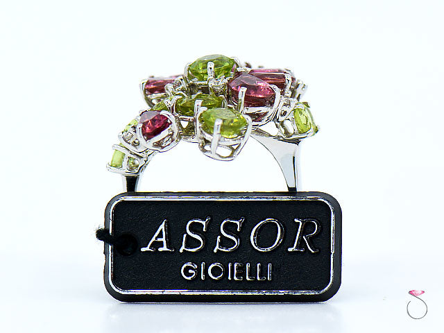 Designer Tourmaline, Peridot & Diamond Floral Cluster Ring By Assor Gioielli