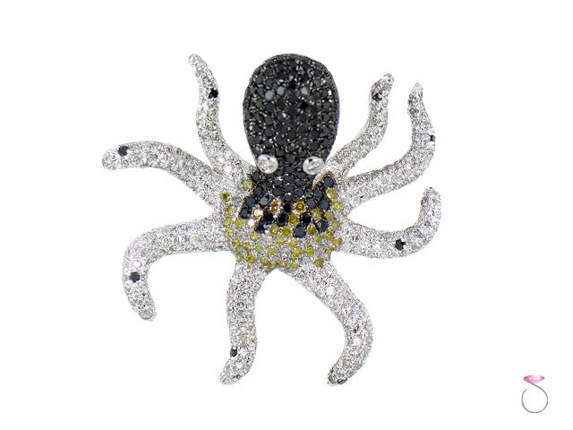 Black White Yellow Diamond Octopus Pendant in 18K Gold