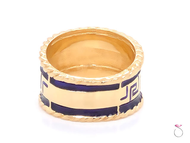 Vintage Designer MAZ Large Blue Enamel Cigar Ring in 14k Yellow Gold