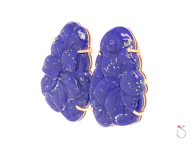 Vintage Carved Lapis Lazuli Floral Earrings in 14K Yellow Gold