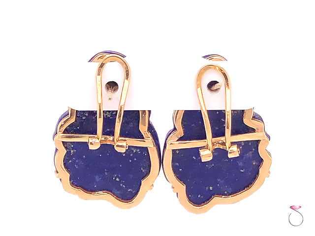 Vintage Carved Lapis Lazuli Floral Earrings in 14K Yellow Gold