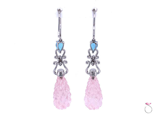 Diamond & Carved Pink Quartz Large Drop Earrings, 18K White Gold