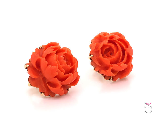 Carved Red Coral Flower Vuntage Earrings in 14K Yellow Gold