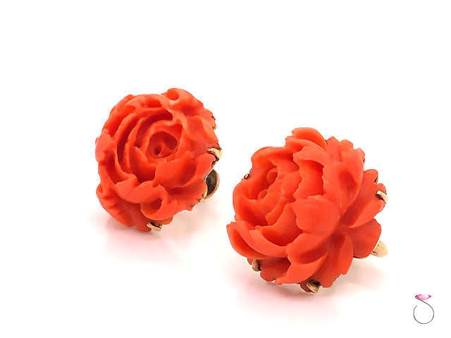 Carved Red Coral Flower Vuntage Earrings in 14K Yellow Gold