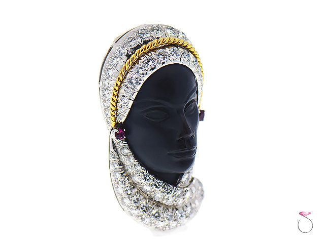 Platinum Veiled Lady Brooch with Diamonds, Rubies and Ebony