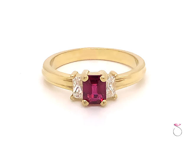 Ruby & Diamond Three Stone Ring in 18K Yellow Gold