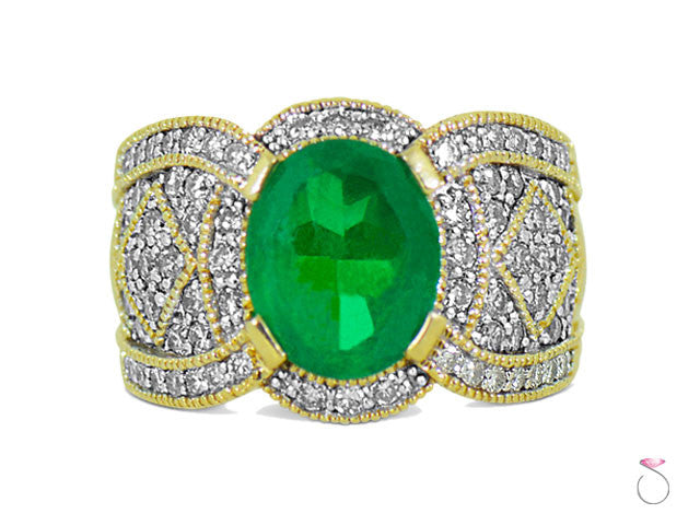 4ct oval shape green emerald diamond gold estate ring