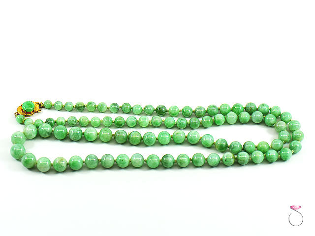 NATURAL GREEN JADE GRADUATED BEAD NECKLACE 25 INCHES W/ JADE & 14K GOLD CLASP