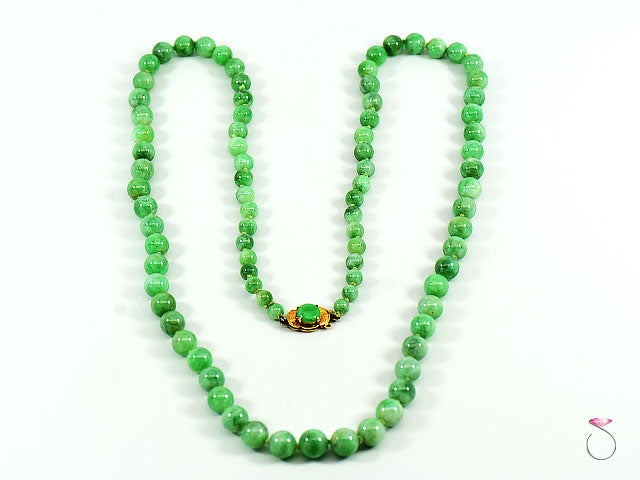 NATURAL GREEN JADE GRADUATED BEAD NECKLACE 25 INCHES W/ JADE & 14K GOLD CLASP