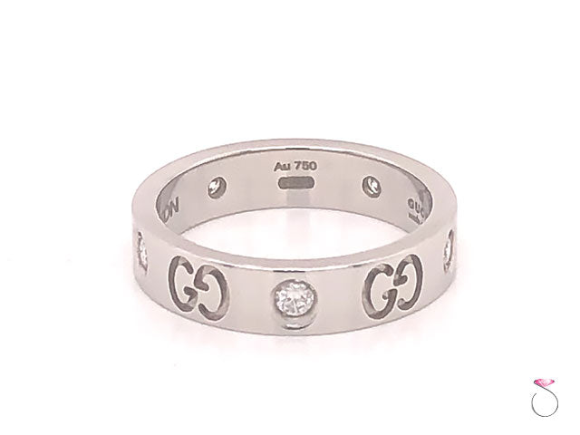 Gucci 5 Diamond Icon Band Ring, 4 mm Wide, 18K White Gold Size 4.50