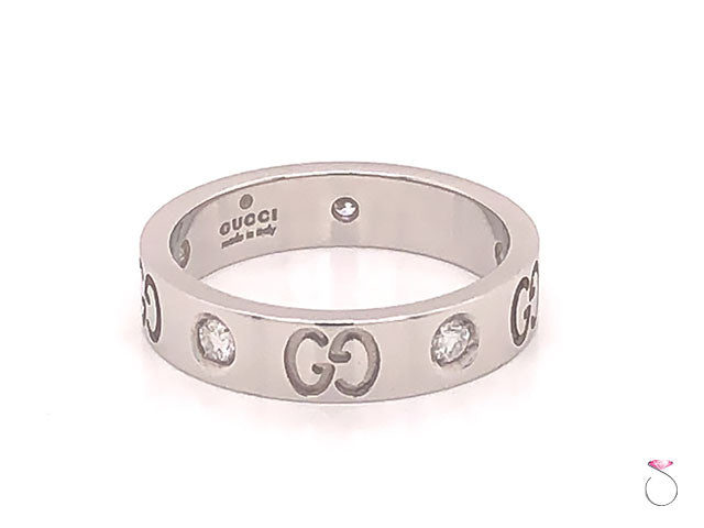 Gucci 5 Diamond Icon Band Ring, 4 mm Wide, 18K White Gold Size 4.50