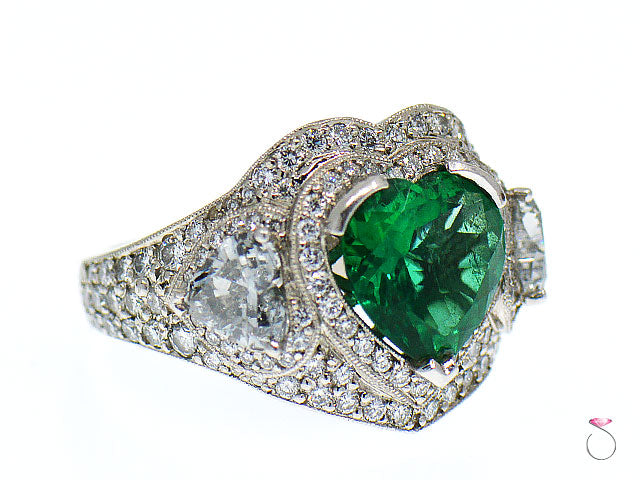 5 Carat Fine Colombian Heart Shape Emerald & Diamond Pave' Platinum Ring, GIA