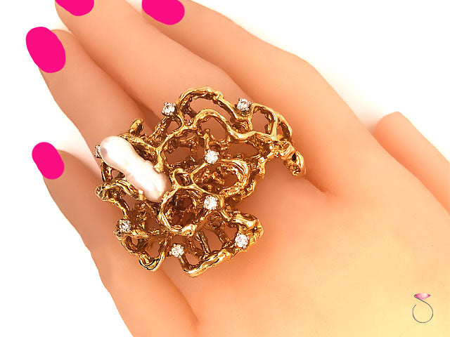 Large Diamond and Pearl Free Form Two Finger Statement Ring in 14K Yellow Gold