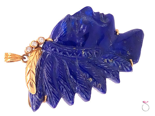 Vintage Carved Lapis Lazuli Indian Head and Diamond Pendant
