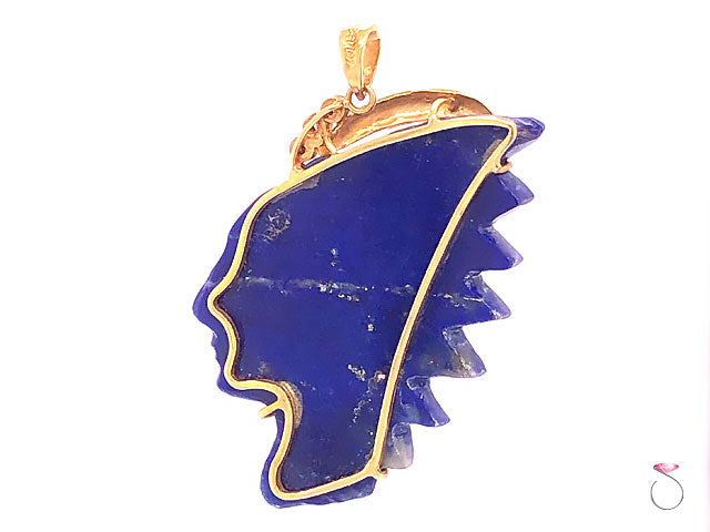 Vintage Carved Lapis Lazuli Indian Head and Diamond Pendant