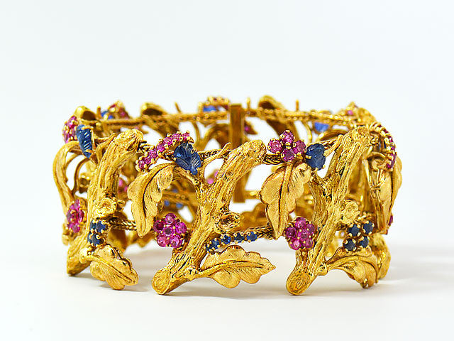 Vintage J Rossi 18K Yellow Gold Ruby & Sapphire Bracelet