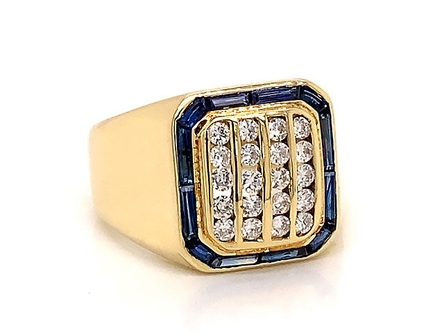 Mens Diamond & Sapphire Pinky Ring, 14K Yellow Gold. D.0.40, S.0.52 CTW