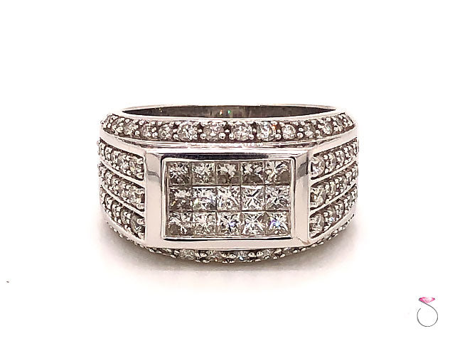 Men's Diamond Wedding Rings,Men's Diamond Ring, 2.00 Carats Of Invisible Set Princess Cut And Round Diamonds