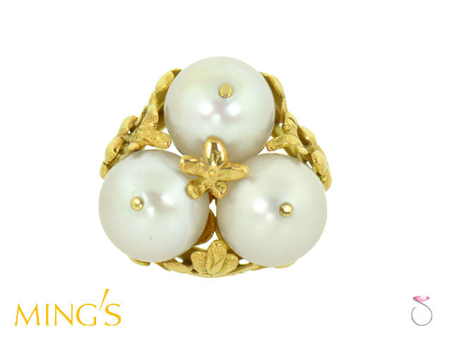 Ming's Hawaii Ring Plum Blossom 3 White Pearls in 14K