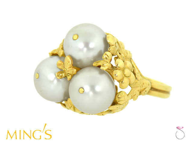 Ming's Hawaii Ring Plum Blossom 3 White Pearls in 14K yellow gold