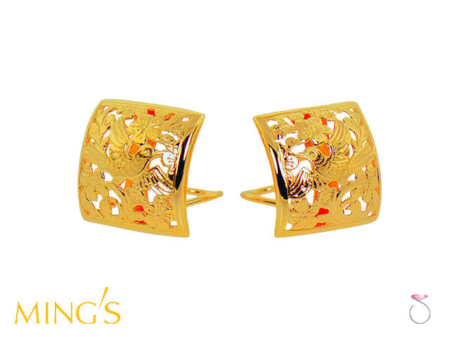 Ming's Hawaii Bird on a Plum Square Gold Earrings 14K Yellow gold.