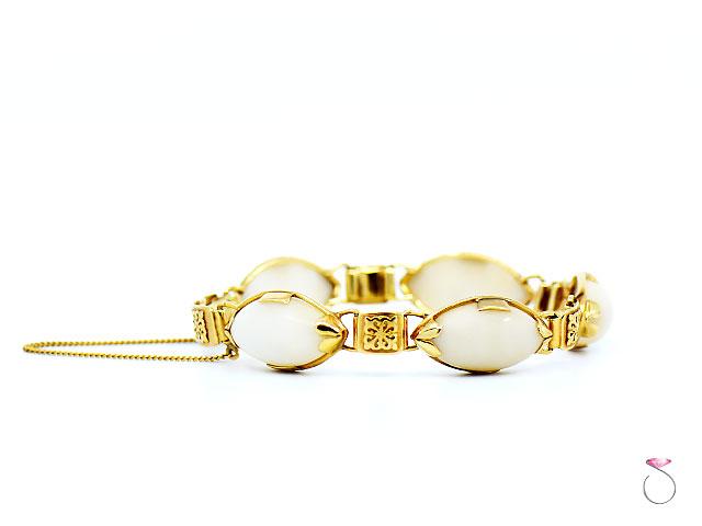 Ming's Hawaii White Jade & Hawaiian Quilt Design 14K Yellow Gold Bracelet