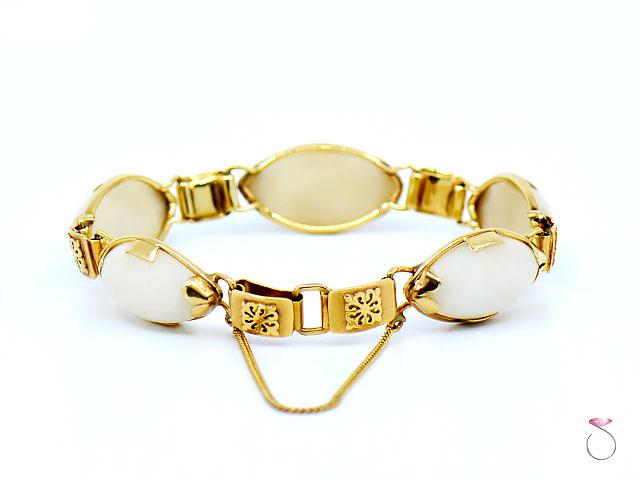 Ming's Hawaii White Jade & Hawaiian Quilt Design 14K Yellow Gold Bracelet