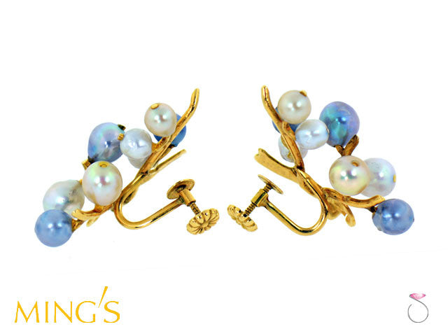 Ming's Hawaii Multi Color Pearls Branch 14K Gold Earrings