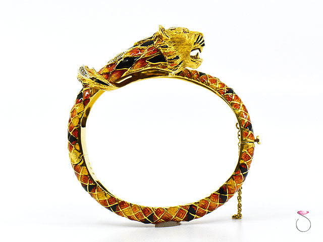 Vintage Italian Tige Enamel Diamond Bangle Bracelet, 18K Yellow Gold