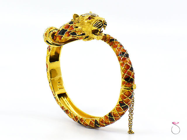 Vintage Italian Tige Enamel Diamond Bangle Bracelet, 18K Yellow Gold