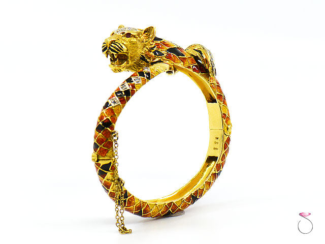Vintage Italian Tige Enamel Diamond Bangle Bracelet, 18K Yellow Gold