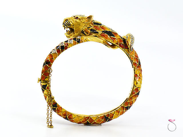 Vintage Italian Tige Enamel Diamond Bangle Bracelet, 18K Yellow Gold