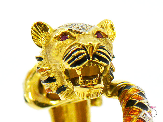 Vintage Italian Tige Enamel Diamond Bangle Bracelet, 18K Yellow Gold