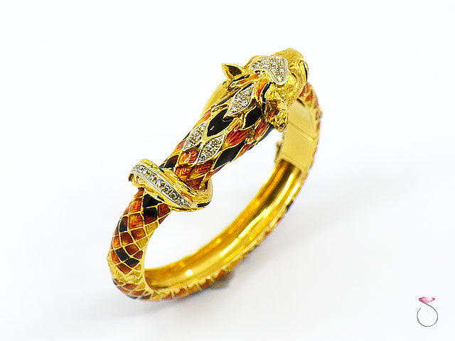 Vintage Italian Tige Enamel Diamond Bangle Bracelet, 18K Yellow Gold