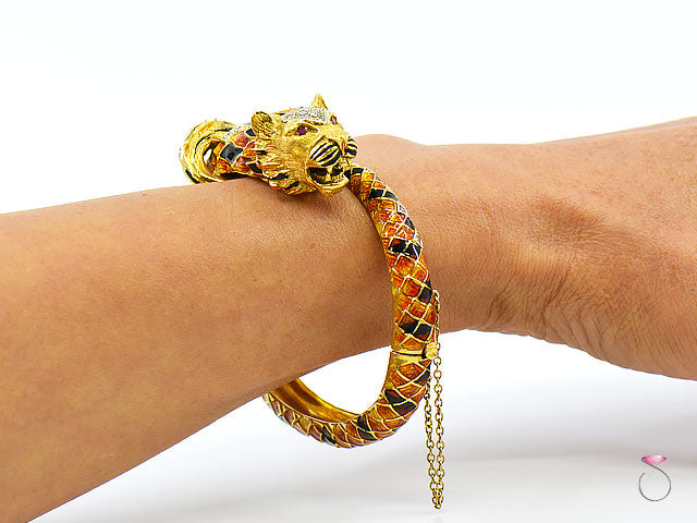 Vintage Italian Tige Enamel Diamond Bangle Bracelet, 18K Yellow Gold